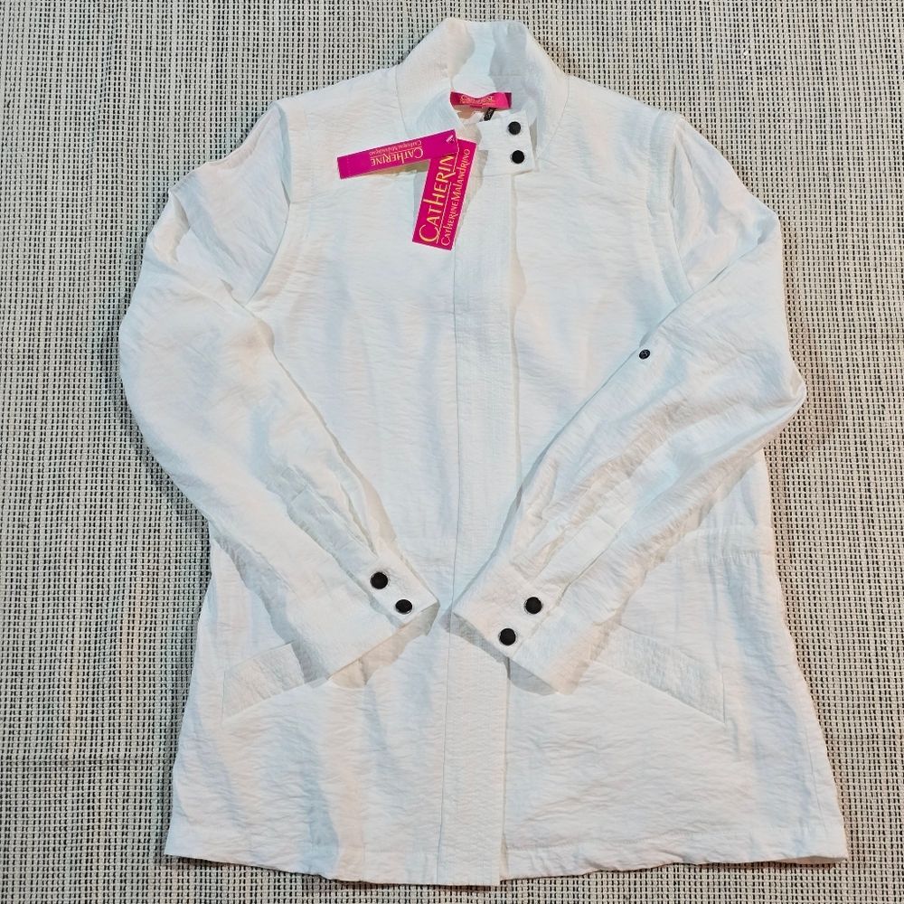 Catherine Malandrino Avery Zip Roll Sleeve Rayon White Long Jacket NWT Womens M